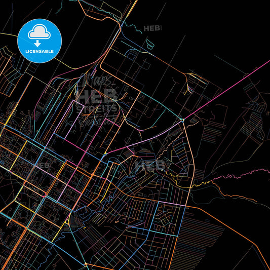 Neftekamsk, Republic of Bashkortostan, Russia, colorful city map on black background