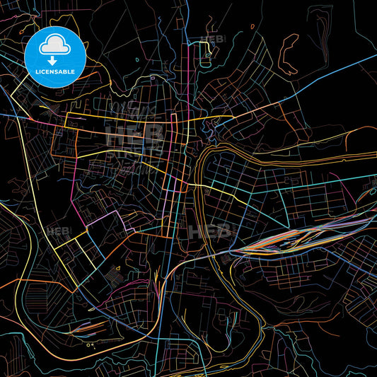 Yelets, Lipetsk Oblast, Russia, colorful city map on black background