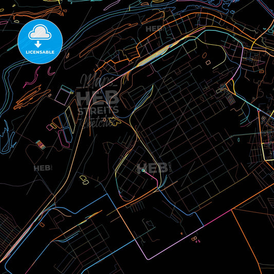 Novokuybyshevsk, Samara Oblast, Russia, colorful city map on black background