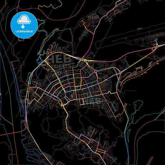 Khanty-Mansiysk, Khanty-Mansi Autonomous Okrug-Yugra, Russia, colorful city map on black background