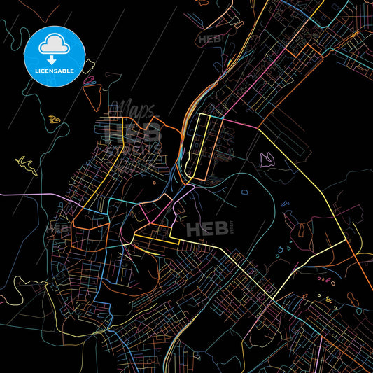 Leninsk-Kuznetsky, Kemerovo Oblast, Russia, colorful city map on black background