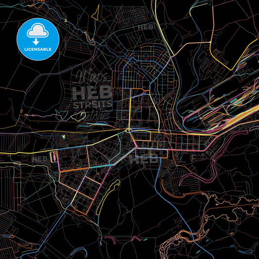 Novotroitsk, Orenburg Oblast, Russia, colorful city map on black background