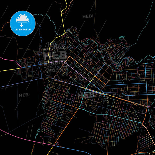 Kuznetsk, Penza Oblast, Russia, colorful city map on black background