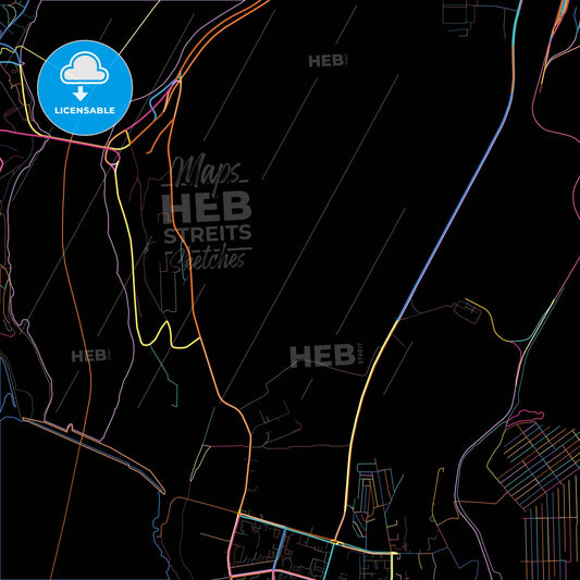 Ust-Ilimsk, Irkutsk Oblast, Russia, colorful city map on black background