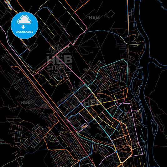 Usolye-Sibirskoye, Irkutsk Oblast, Russia, colorful city map on black background