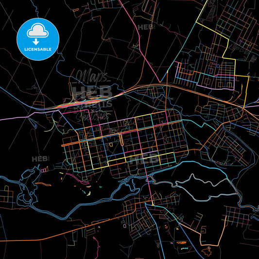 Shadrinsk, Kurgan Oblast, Russia, colorful city map on black background