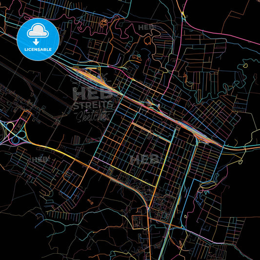 Mineralnye Vody, Stavropol Krai, Russia, colorful city map on black background