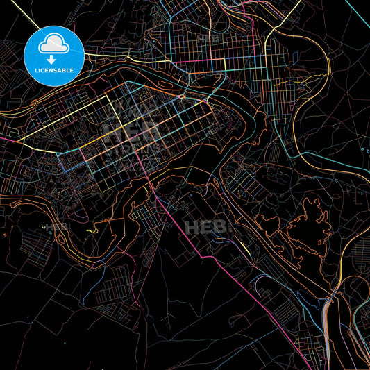 Troitsk, Chelyabinsk Oblast, Russia, colorful city map on black background