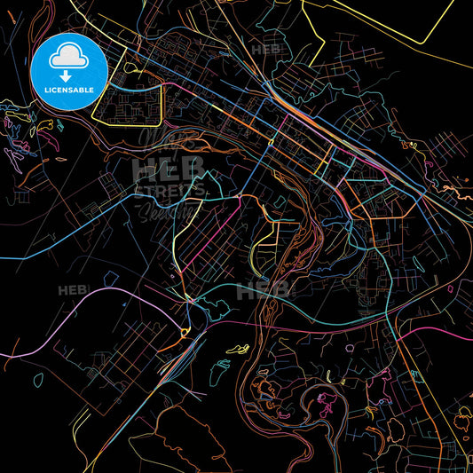 Birobidzhan, Jewish Autonomous Oblast, Russia, colorful city map on black background