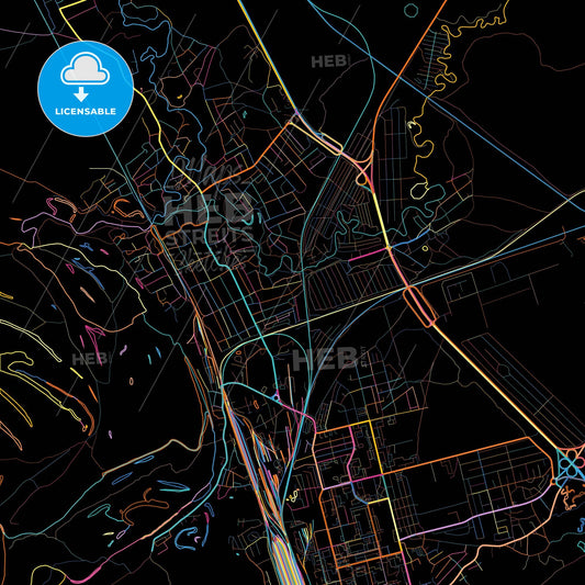 Novoaltaysk, Altai Krai, Russia, colorful city map on black background