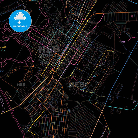 Chapayevsk, Samara Oblast, Russia, colorful city map on black background