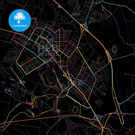 Verkhnyaya Pyshma, Sverdlovsk Oblast, Russia, colorful city map on black background