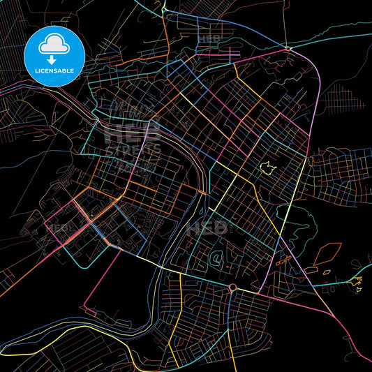 Minusinsk, Krasnoyarsk Krai, Russia, colorful city map on black background