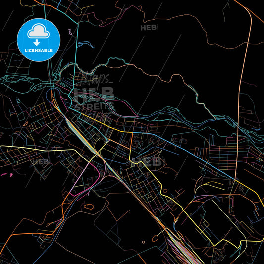 Belogorsk, Amur Oblast, Russia, colorful city map on black background