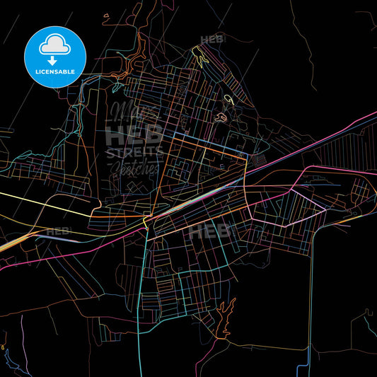 Gukovo, Rostov Oblast, Russia, colorful city map on black background