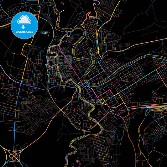 Kungur, Perm Krai, Russia, colorful city map on black background