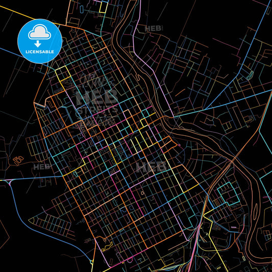 Slavyansk-na-Kubani, Krasnodar Krai, Russia, colorful city map on black background