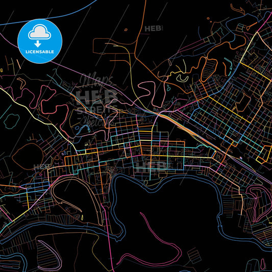 Ishim, Tyumen Oblast, Russia, colorful city map on black background