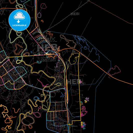 Kogalym, Khanty-Mansi Autonomous Okrug-Yugra, Russia, colorful city map on black background