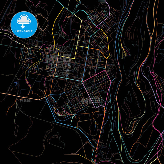 Asbest, Sverdlovsk Oblast, Russia, colorful city map on black background