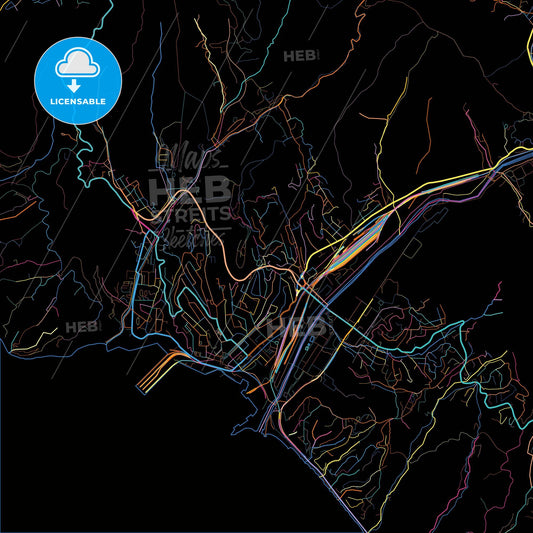 Tuapse, Krasnodar Krai, Russia, colorful city map on black background
