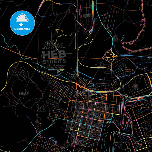 Revda, Sverdlovsk Oblast, Russia, colorful city map on black background