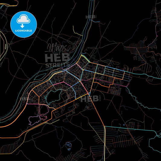 Zelenogorsk, Krasnoyarsk Krai, Russia, colorful city map on black background