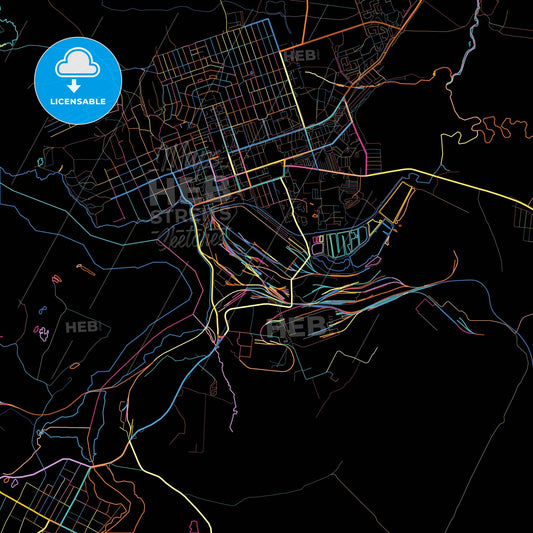 Polevskoy, Sverdlovsk Oblast, Russia, colorful city map on black background