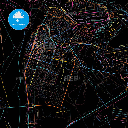 Kotlas, Arkhangelsk Oblast, Russia, colorful city map on black background