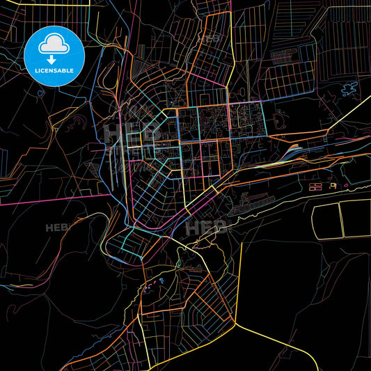 Sibay, Republic of Bashkortostan, Russia, colorful city map on black background
