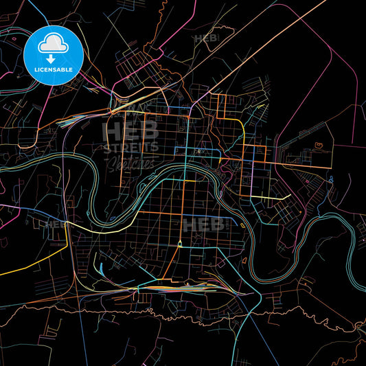 Rzhev, Tver Oblast, Russia, colorful city map on black background