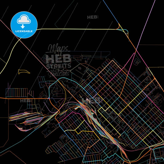 Tikhoretsk, Krasnodar Krai, Russia, colorful city map on black background