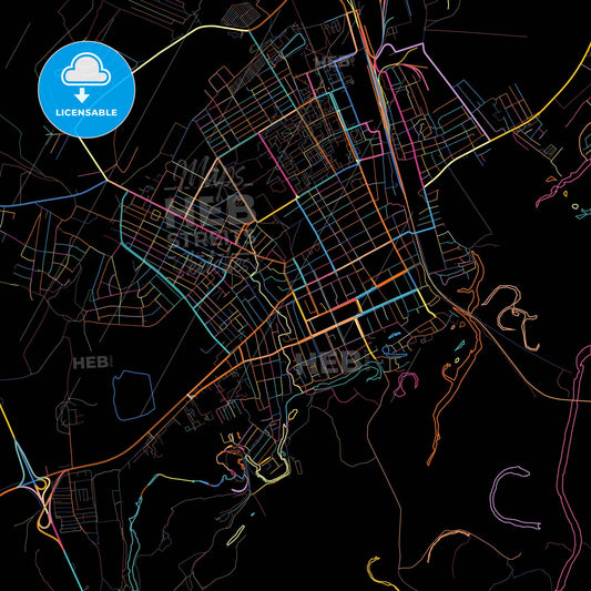 Mikhaylovka, Volgograd Oblast, Russia, colorful city map on black background