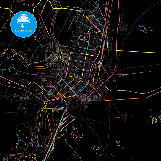 Vorkuta, Komi Republic, Russia, colorful city map on black background