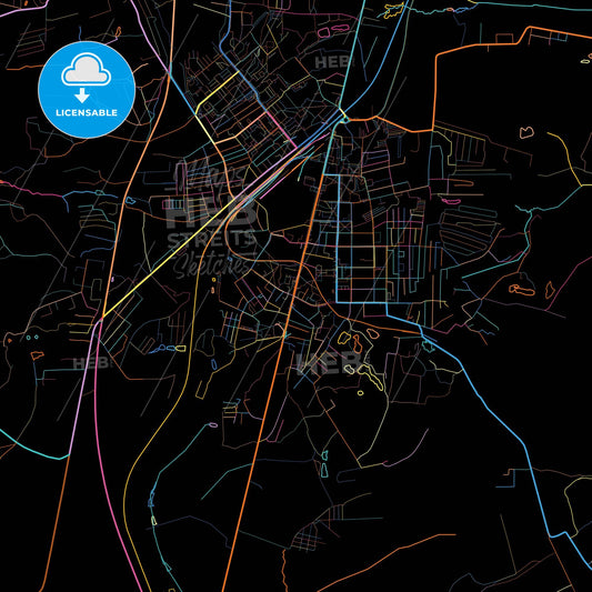 Shchyokino, Tula Oblast, Russia, colorful city map on black background
