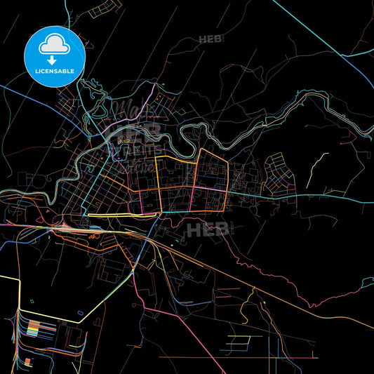 Tikhvin, Leningrad Oblast, Russia, colorful city map on black background