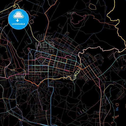 Krasnoturyinsk, Sverdlovsk Oblast, Russia, colorful city map on black background