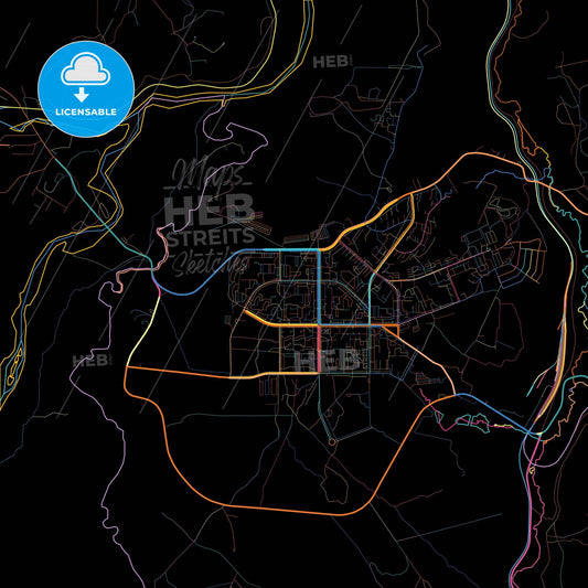 Neryungri, Sakha , Russia, colorful city map on black background