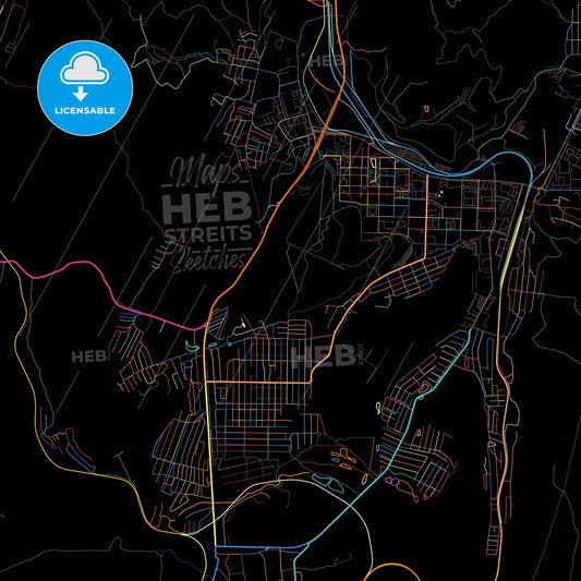 Zhigulyovsk, Samara Oblast, Russia, colorful city map on black background