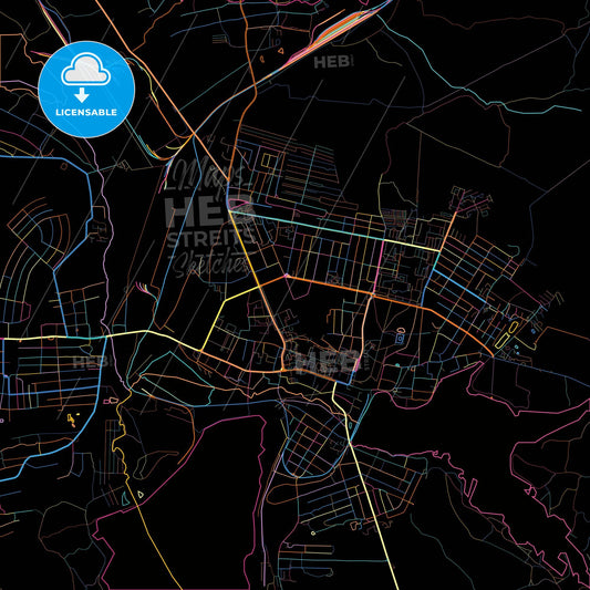 Vyksa, Nizhny Novgorod Oblast, Russia, colorful city map on black background