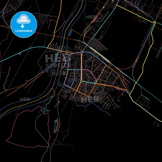 Kirishi, Leningrad Oblast, Russia, colorful city map on black background