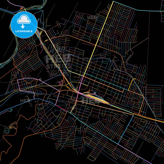 Gudermes, Chechen Republic, Russia, colorful city map on black background