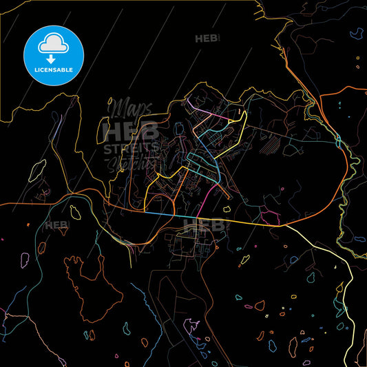 Severomorsk, Murmansk Oblast, Russia, colorful city map on black background