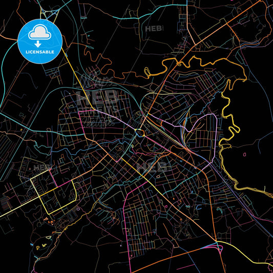 Roslavl, Smolensk Oblast, Russia, colorful city map on black background