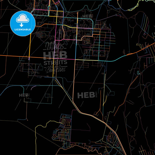 Snezhinsk, Chelyabinsk Oblast, Russia, colorful city map on black background