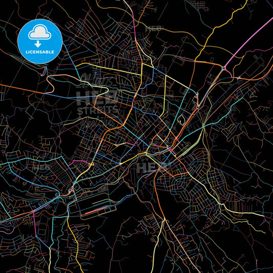 Kragujevac, Šumadija, Serbia, colorful city map on black background