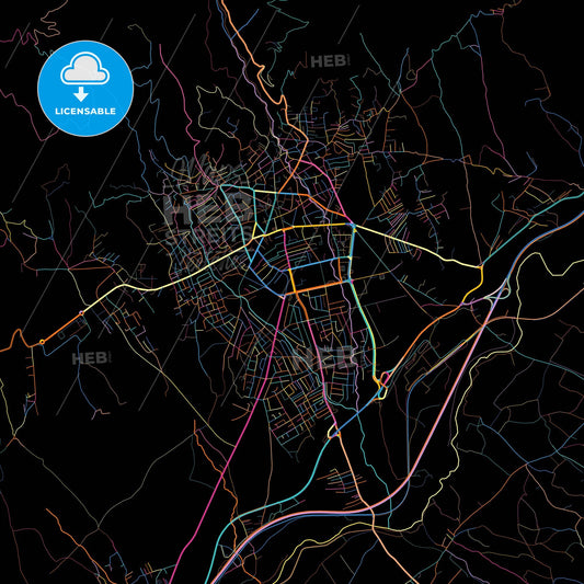 Vranje, Pčinja, Serbia, colorful city map on black background