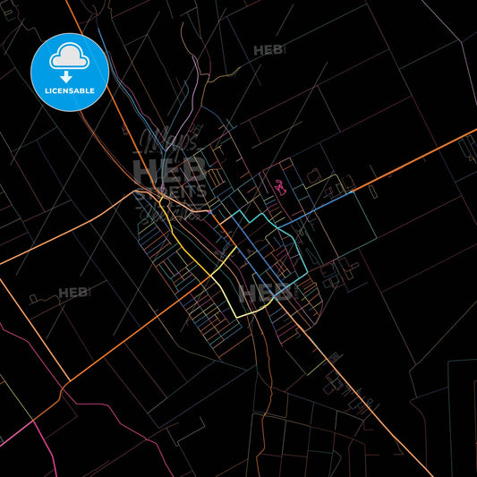 Inđija, Srem, Serbia, colorful city map on black background