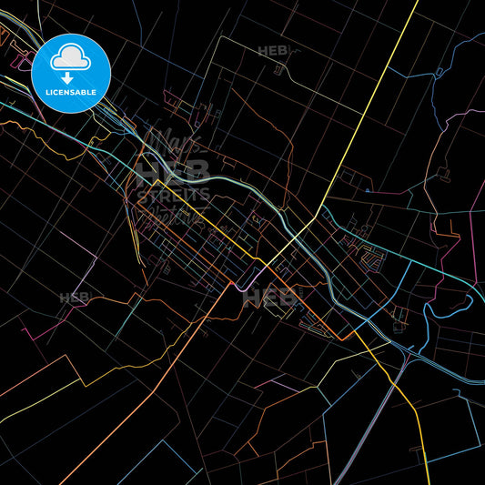 Vrbas, South Bačka, Serbia, colorful city map on black background