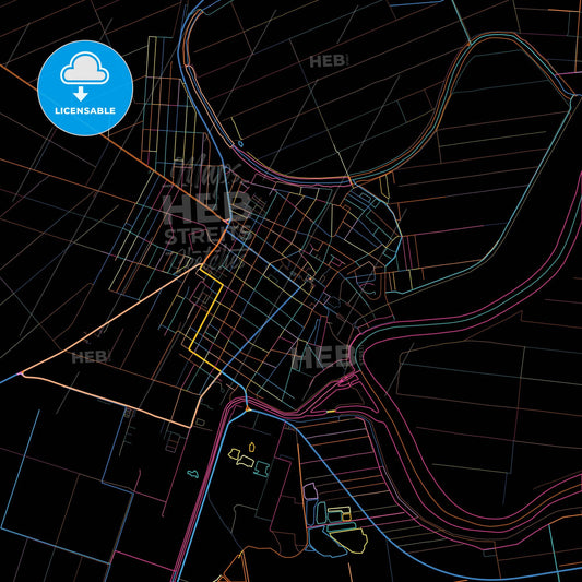 Bečej, South Bačka, Serbia, colorful city map on black background